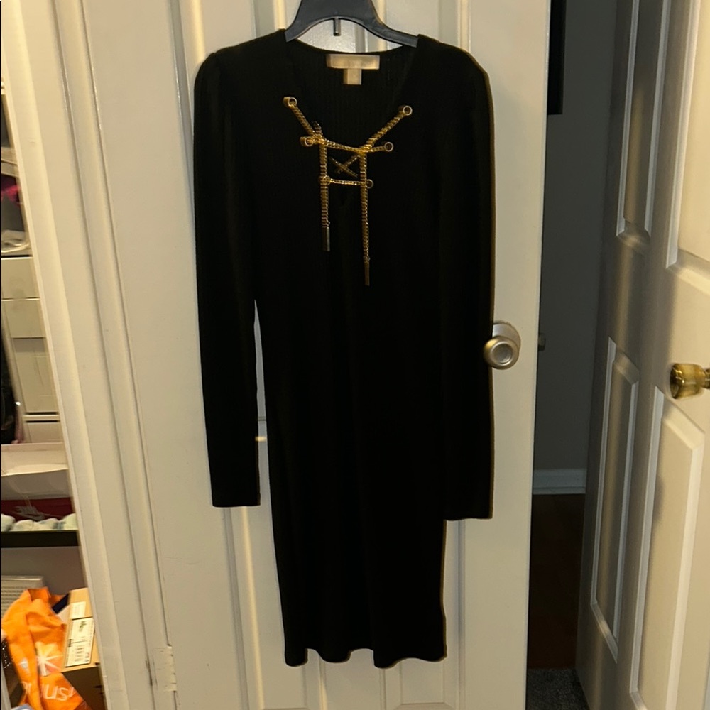 Michael Kors Black Midi Dress with Gold Accents
